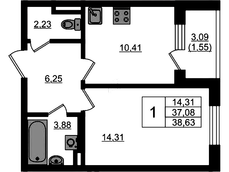 1-комнатная квартира 38.63 м², 1/4 эт., ЖК «Новая история»